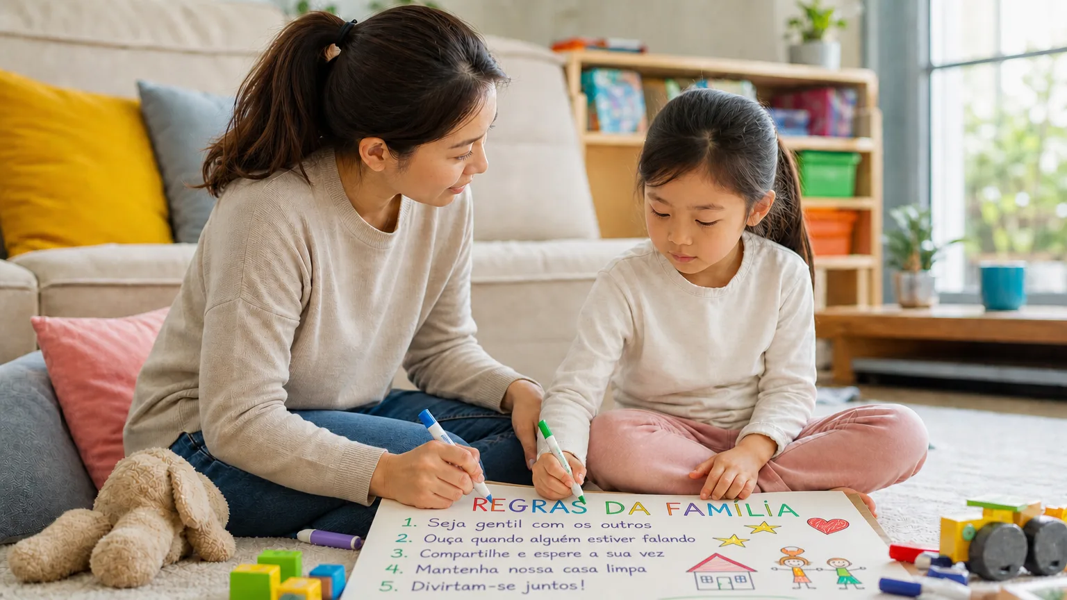 Familia criando regras juntos em cartaz colorido - disciplina colaborativa