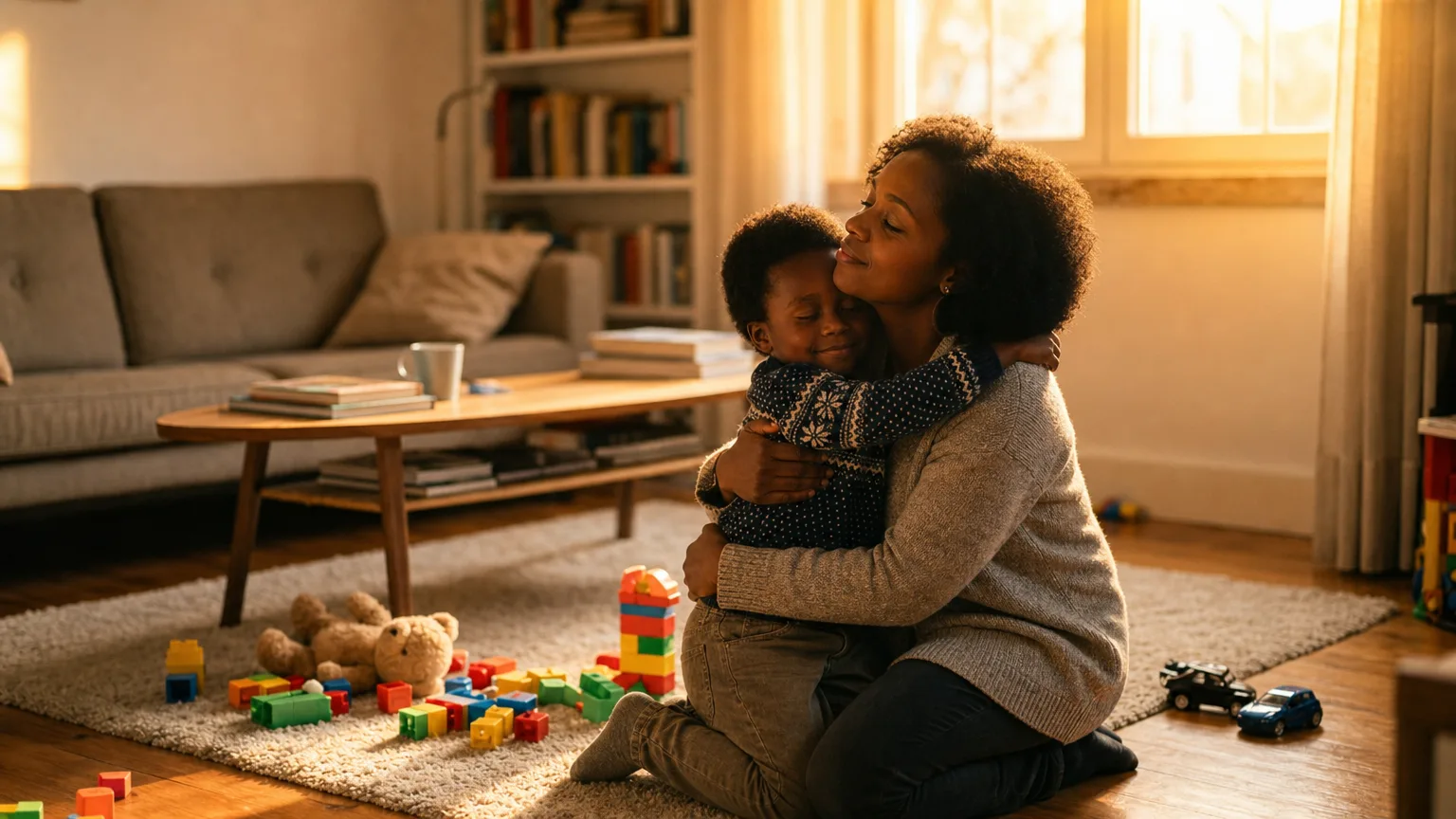 Mãe abraçando filho após momento de conflito — reconexão é essencial no manejo do TOD — criança que desafia