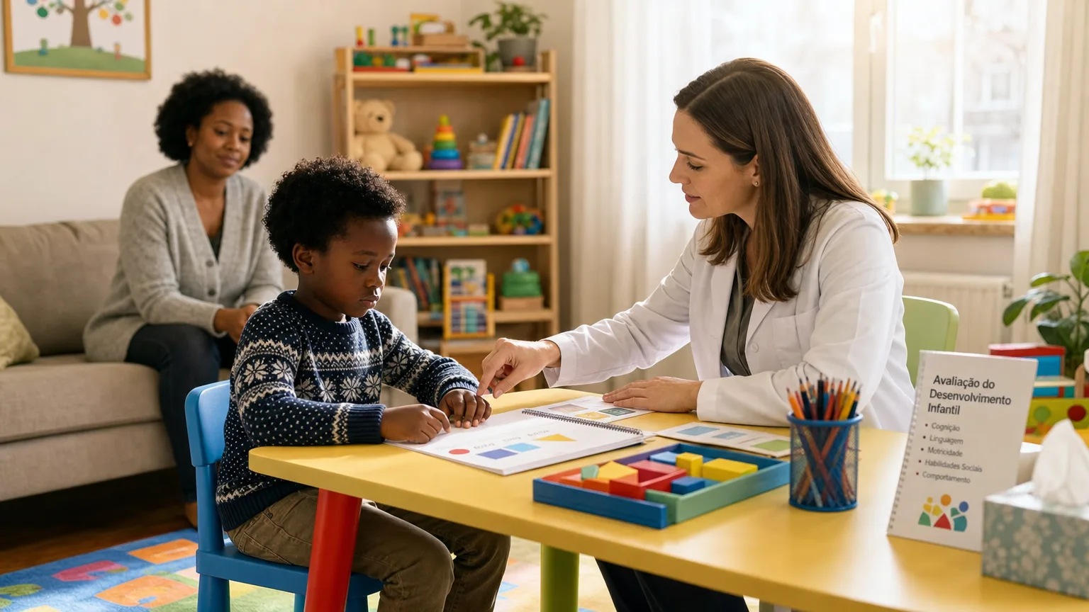 Psicóloga infantil avaliando criança em espaço de atendimento para investigação de Transtorno Opositor Desafiador — criança que desafia