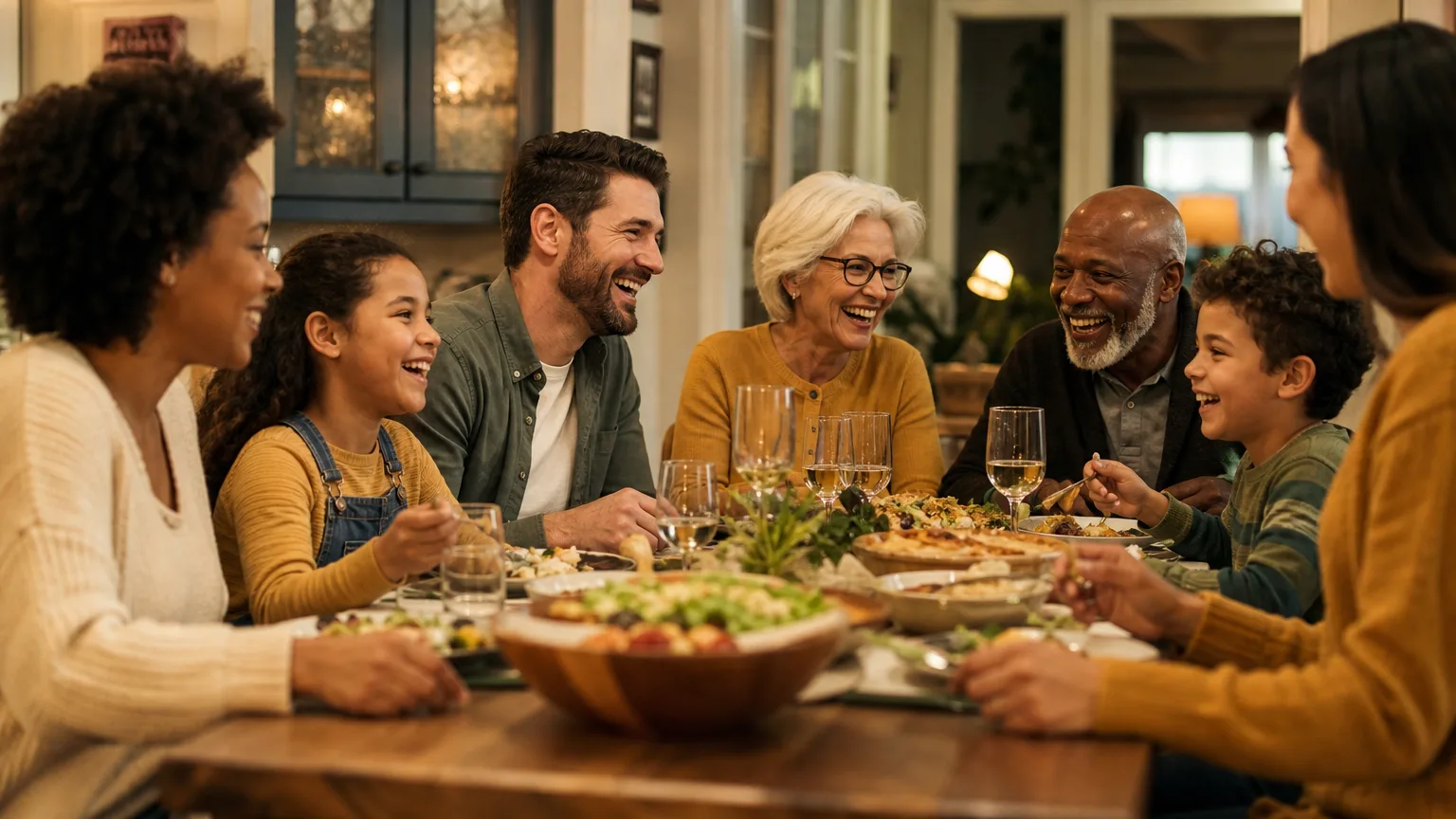 Família reunida à mesa conversando com confiança e conexão