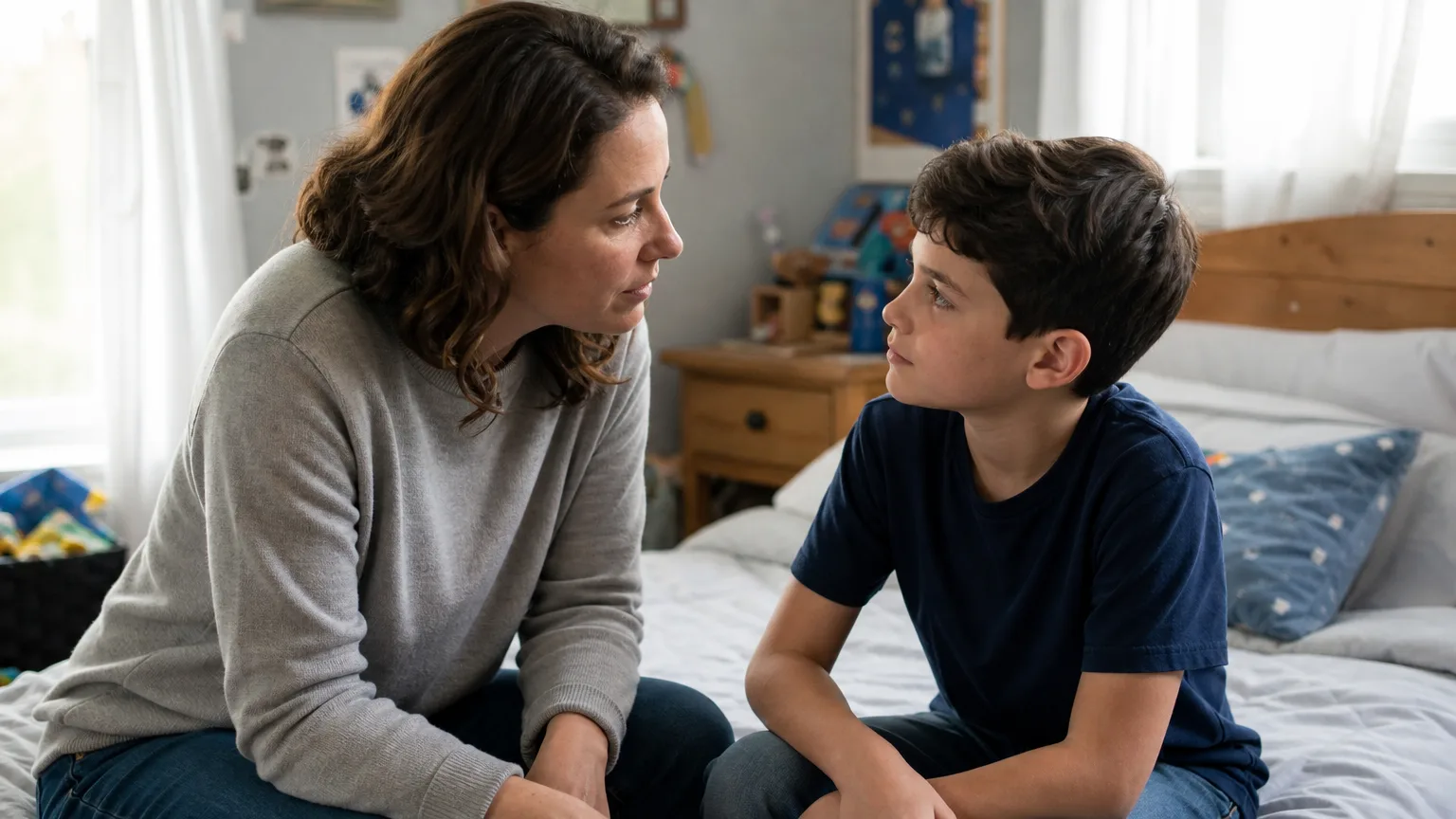 Mãe conversando com filho de 8 anos sobre honestidade, com calma e respeito