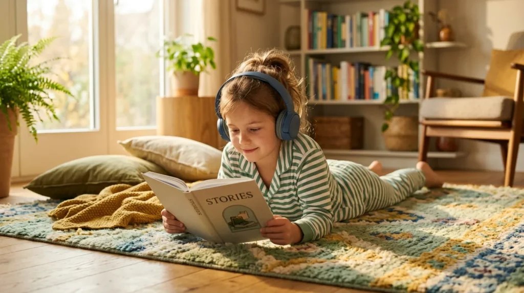 Menina com fones de ouvido deitada no tapete com livro aberto a frente, sorrindo e relaxada durante a leitura com apoio de audiobook.