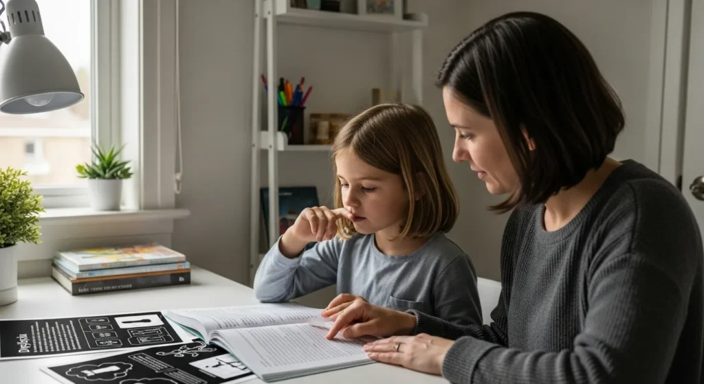 Criança lendo com apoio de um adulto em casa, representando acompanhamento familiar na identificação da dislexia