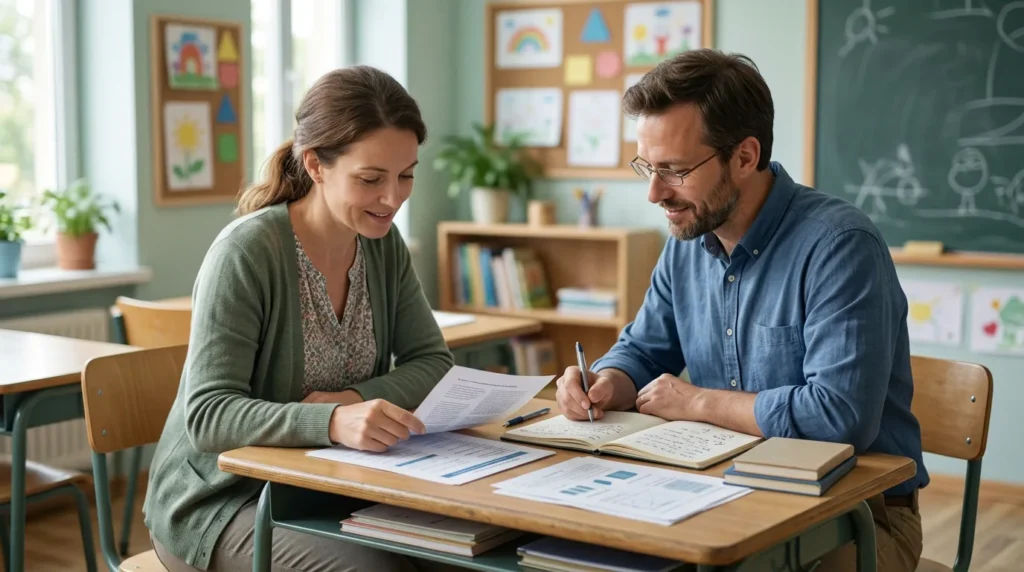 Mãe e professor sentados juntos em mesa escolar analisando documentos sobre dificuldades de aprendizagem da criança.