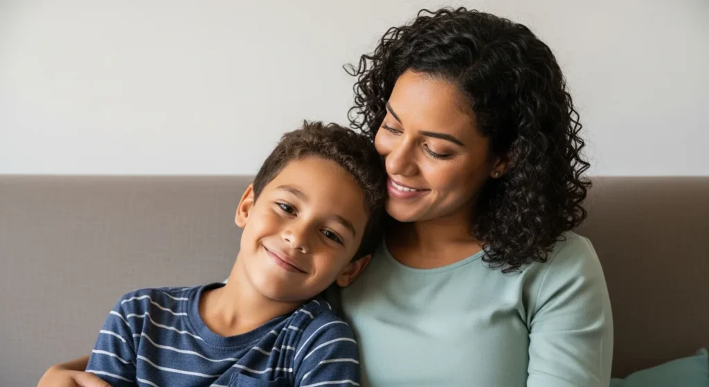 Mãe e filho sentados juntos no sofá, ambos sorrindo, transmitindo segurança emocional e vínculo afetivo