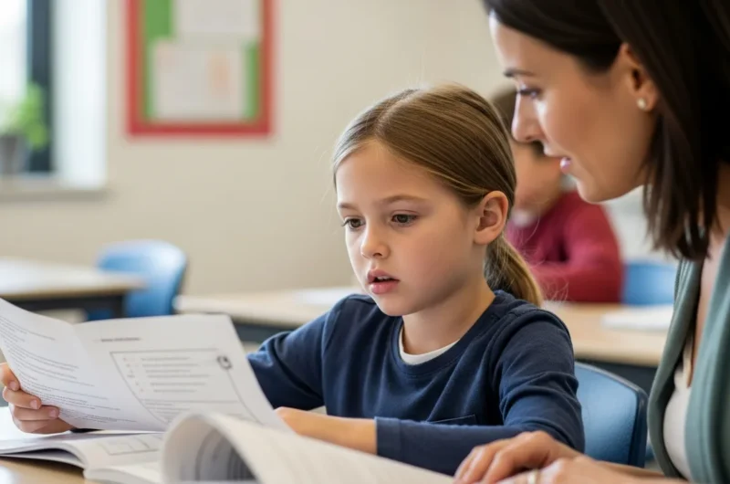 Criança em sala de aula observando atividade de leitura com apoio de professora, ilustrando sinais iniciais de dislexia