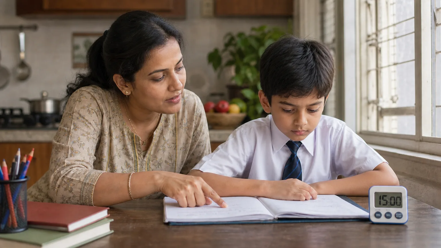 Mae ajudando filho com TDAH a fazer dever de casa com estrategias pedagogicas