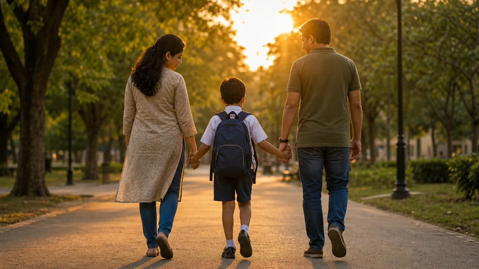 Familia caminhando unida no parque ao entardecer apoiando filho com TDAH
