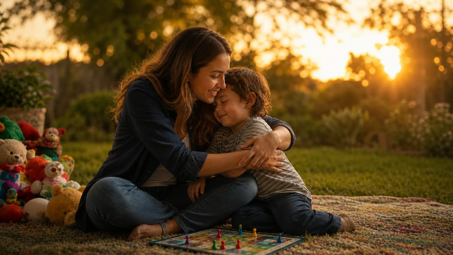 Mãe abraçando filho com TOD ao entardecer — o que é TOD e o caminho de esperança para famílias