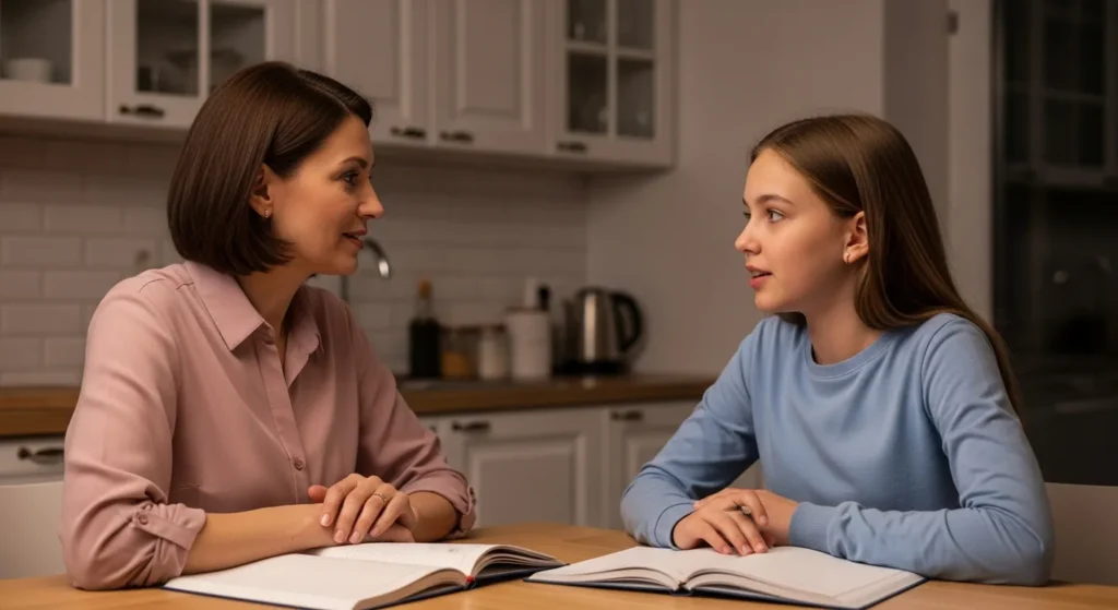 Mãe escutando atentamente enquanto filha adolescente fala, sentadas juntas a mesa da cozinha com cadernos a frente, ambiente de confiança