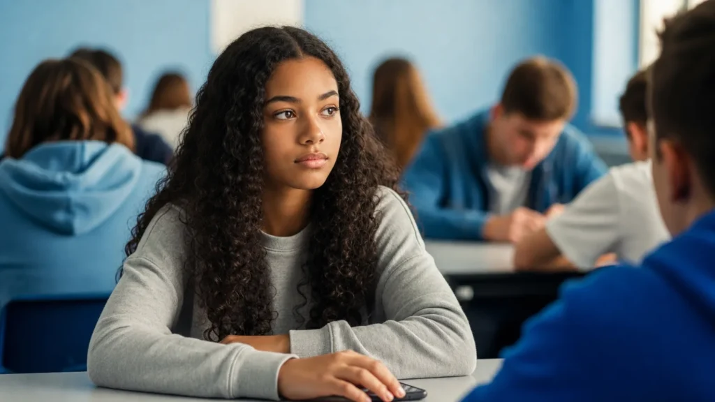 Adolescente sentada sozinha na mesa do refeitório escolar com outros estudantes desfocados ao fundo, expressão introspectiva