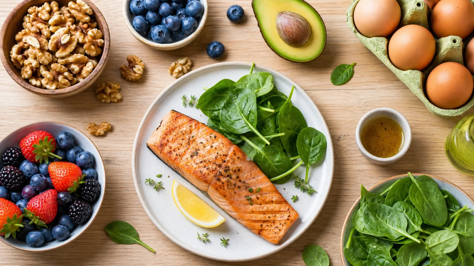 Alimentos ricos em ômega-3 e nutrientes benéficos para crianças com TDAH vistos de cima