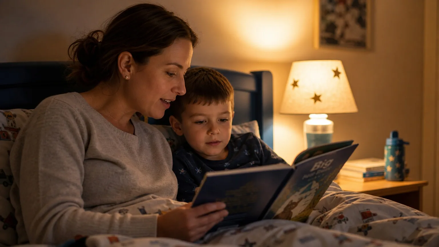 Mãe lendo livro para filho com TDAH como parte da rotina noturna para melhorar o sono — TDAH e sono