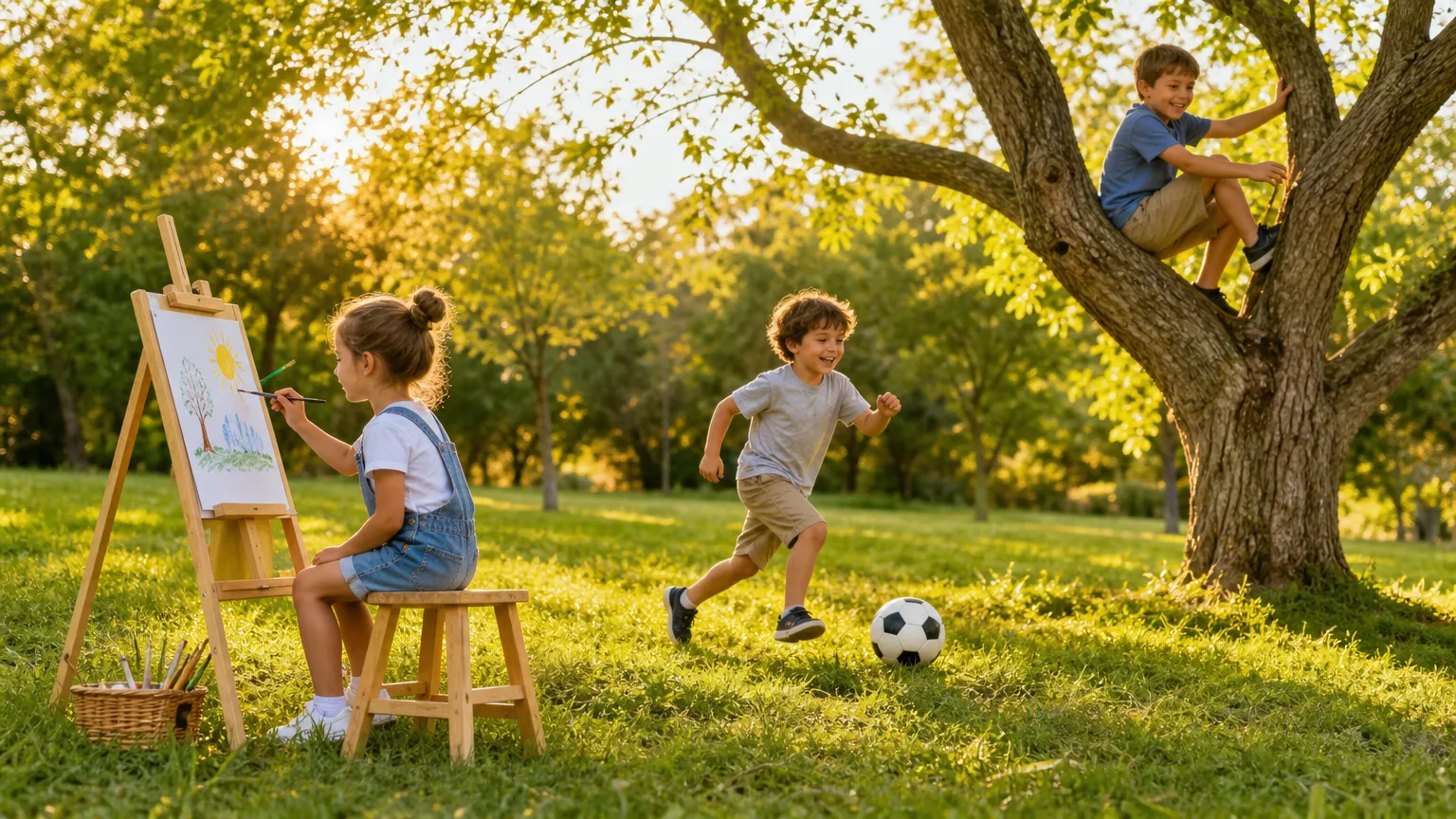 Crianças brincando ao ar livre sem telas: pintando, jogando bola e subindo em árvore — TDAH e telas