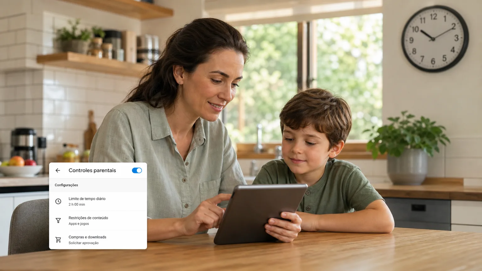 Mãe configurando controle parental e tempo de tela no tablet antes de entregar ao filho com TDAH — TDAH e telas