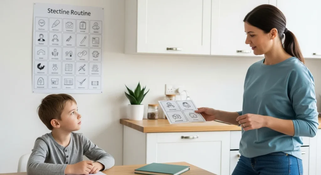 Criança em mesa com adulto oferecendo escolhas estruturadas em ambiente doméstico organizado, ilustrando manejo do TOD