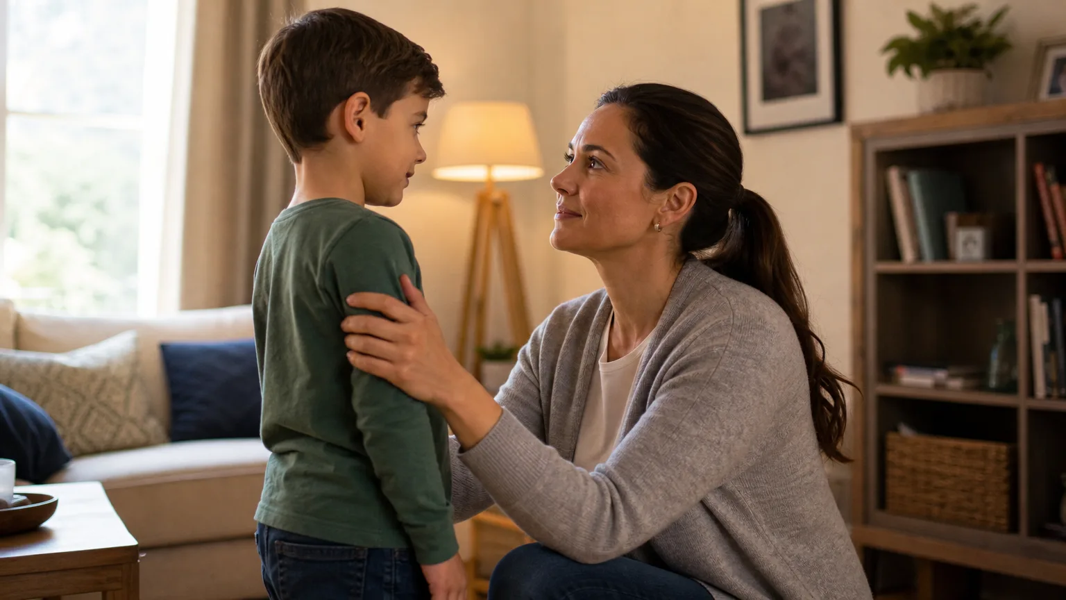 Mãe agachada na altura do filho usando comunicação positiva olho no olho