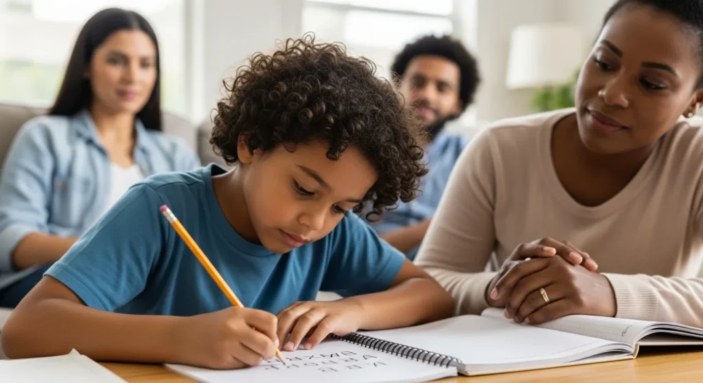 Criança fazendo lição com apoio familiar em ambiente doméstico, representando atenção aos sinais de troca de letras e dislexia