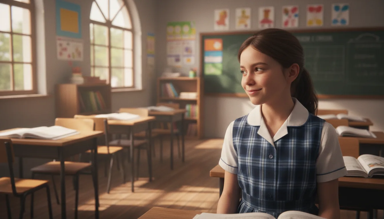 Menina autista fazendo masking na escola — sorrindo socialmente mas com esforço invisível