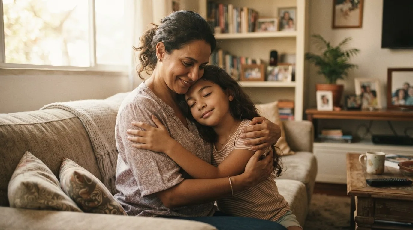 Mãe abraçando filha com autismo com expressão de acolhimento e compreensão