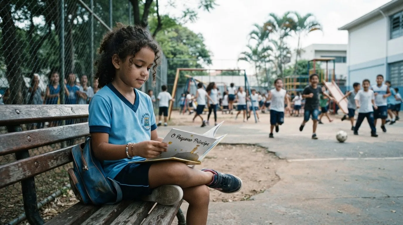 Criança autista sentada sozinha no recreio observando os colegas brincarem à distância