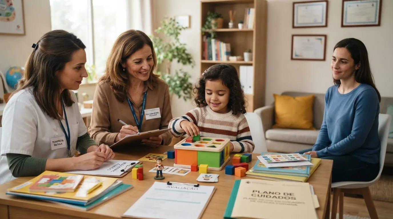Equipe multidisciplinar avaliando criança para diagnóstico de autismo em centro de reabilitação — como conseguir diagnóstico autismo