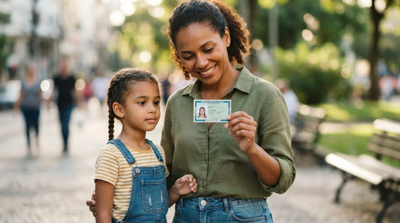Mãe segurando carteira de identificação da pessoa com Transtorno do Espectro Autista