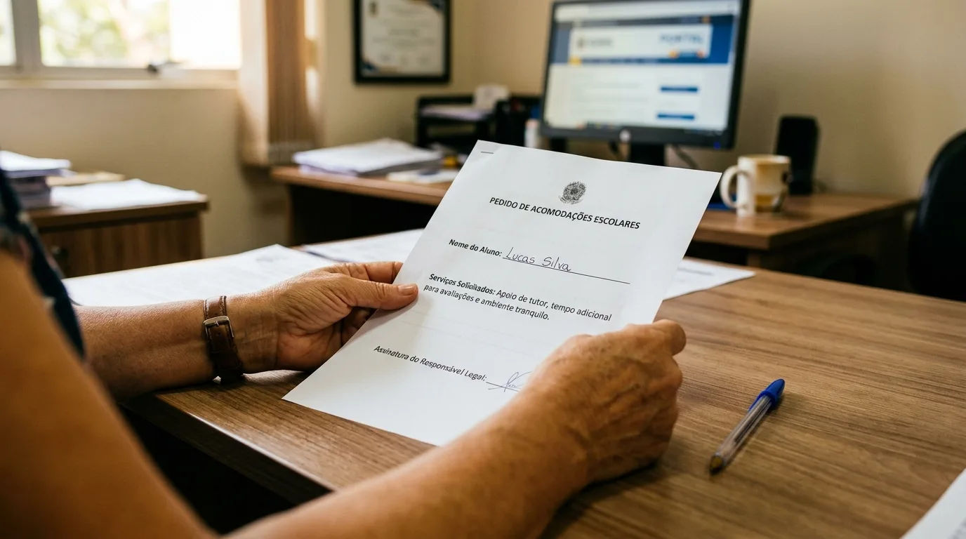 Mãe segurando requerimento formal de adaptações escolares para filho com dislexia — direitos aluno dislexia escola