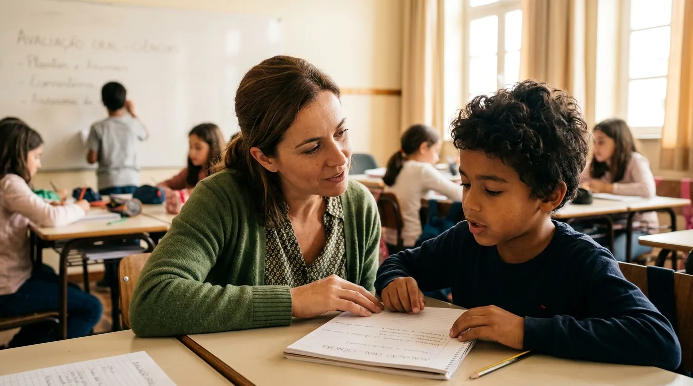 Professora aplicando avaliação oral para aluno com dislexia como adaptação pedagógica