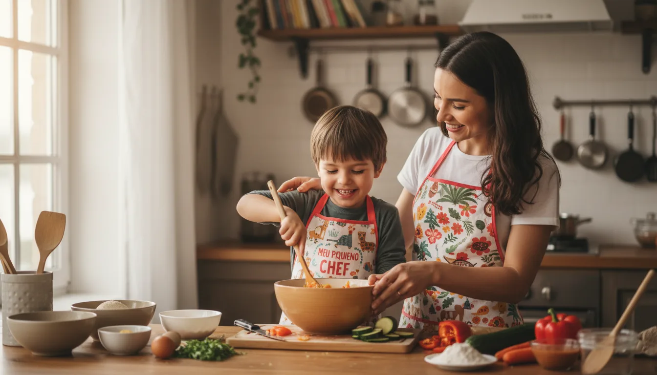 Mãe e criança autista cozinhando juntos como estratégia para reduzir seletividade alimentar