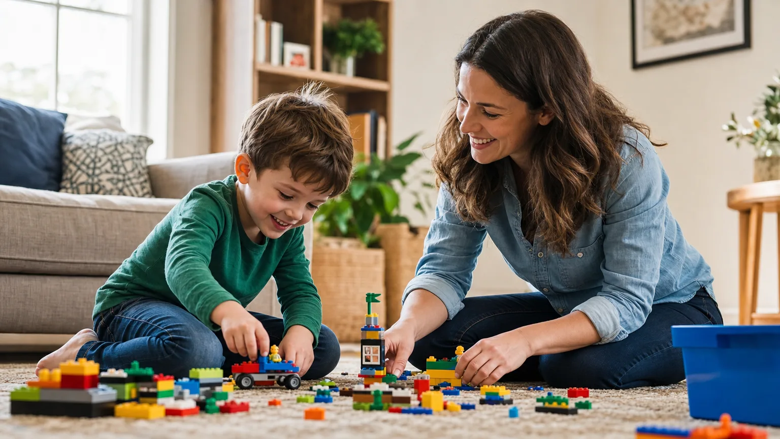 Mãe e filho sentados juntos no sofá conversando com expressão de cumplicidade
