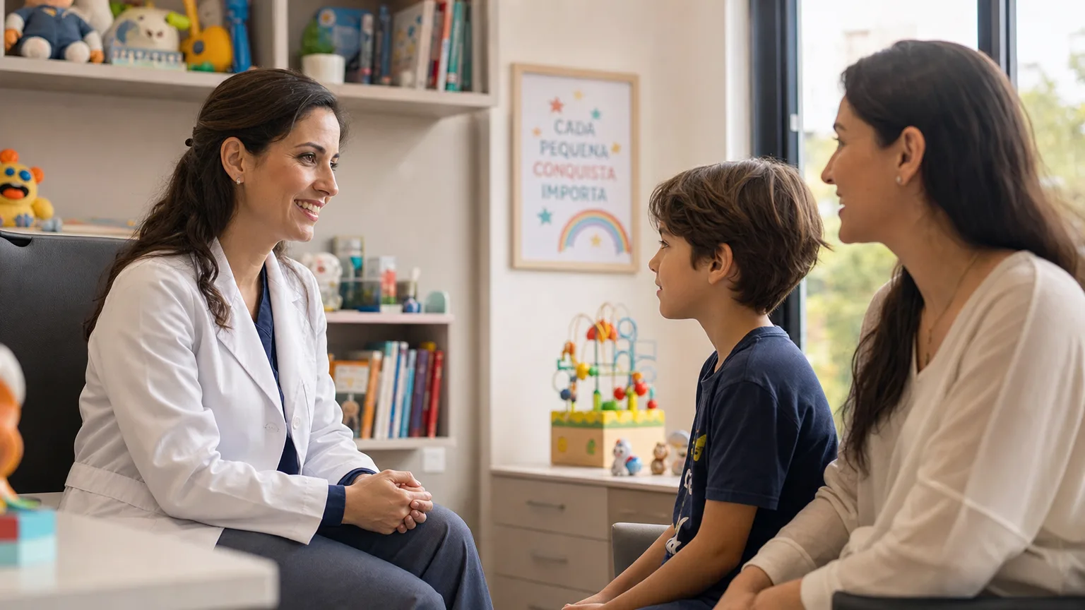 Profissional especializado conversando com mãe e criança durante consulta sobre TDAH