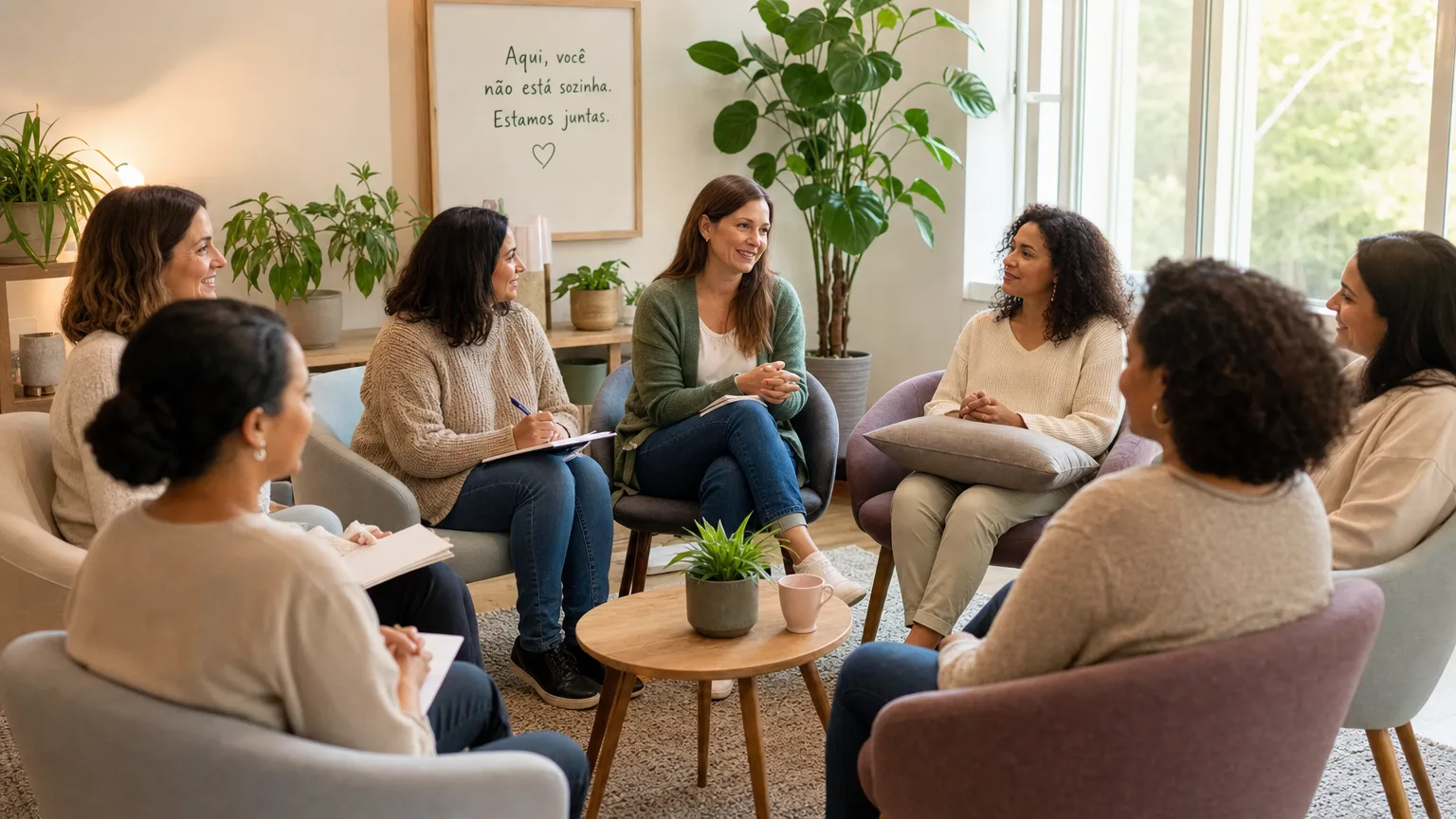 Grupo de mães em roda de apoio compartilhando experiências sobre TDAH dos filhos