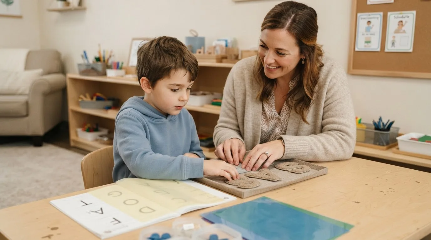 Professora mostrando atividade adaptada com materiais visuais para criança com TDAH e dislexia — TDAH dislexia juntos criança