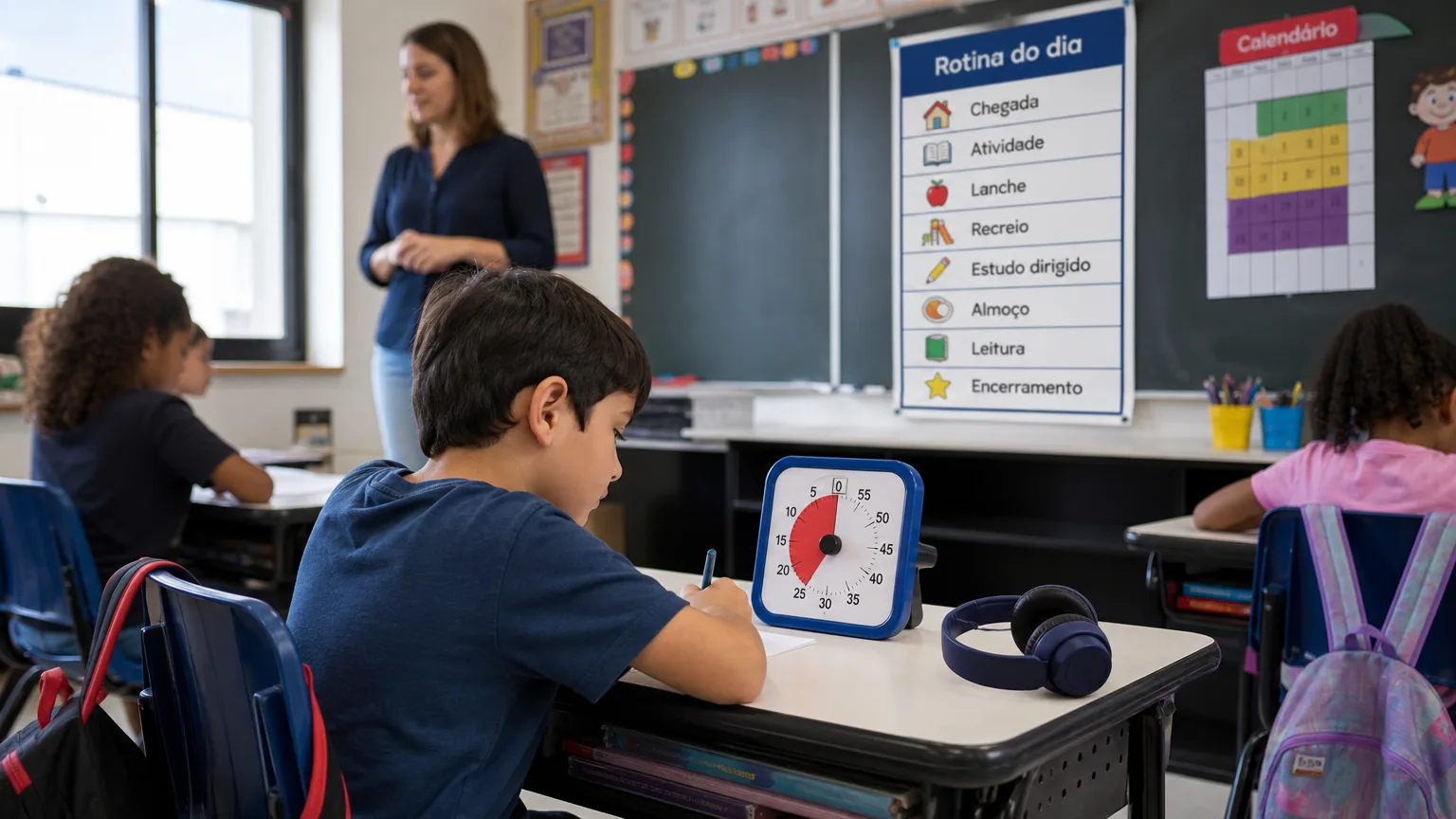 Sala de aula com adaptações para aluno com TDAH: primeira fileira, timer e rotina visual