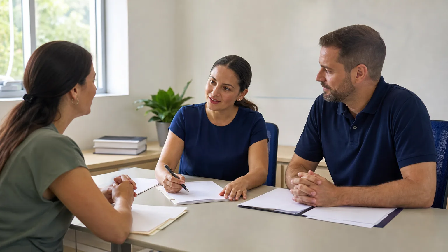 Mãe em reunião escolar conversando com professora e coordenadora sobre TDAH do filho