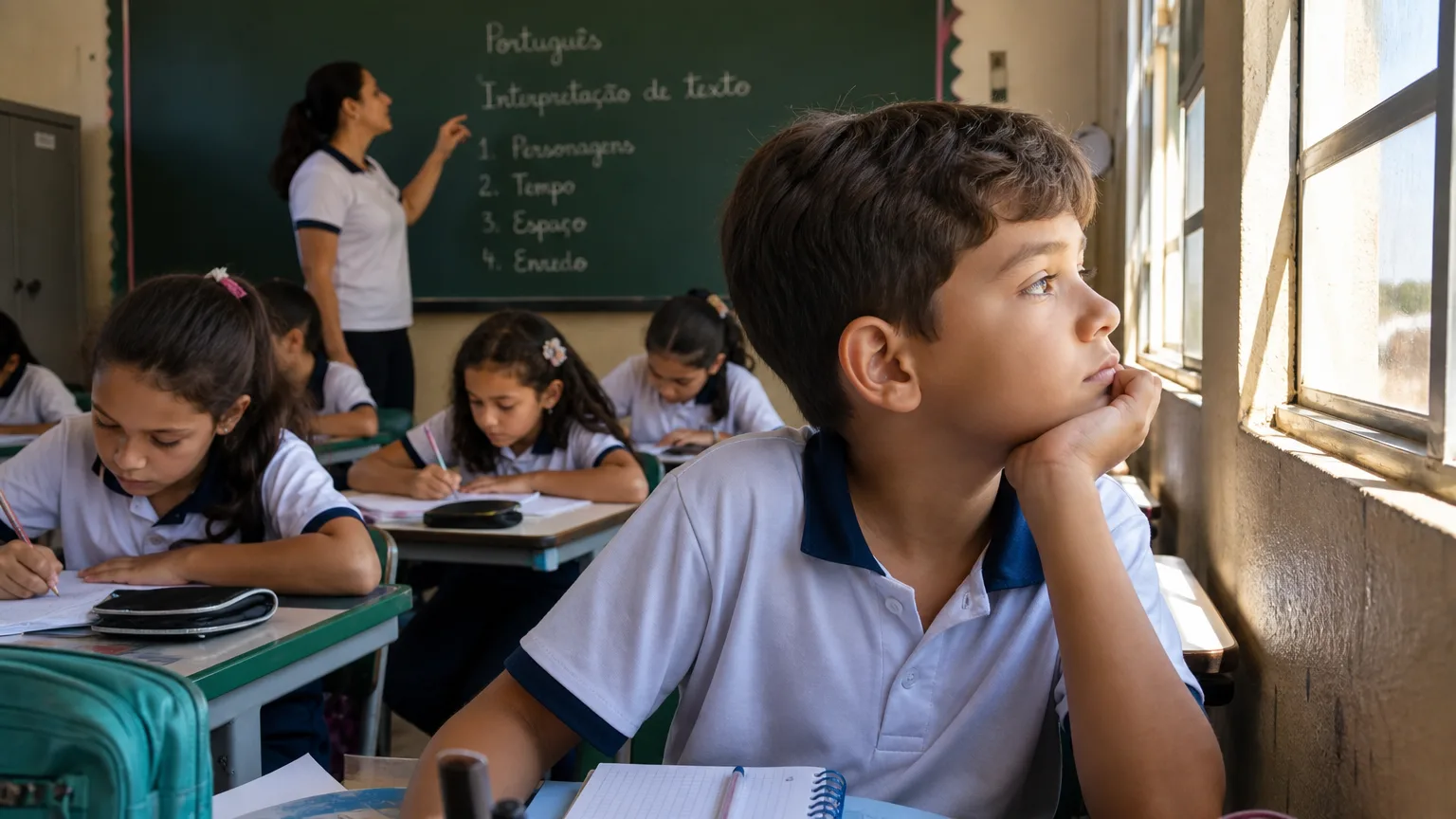 Criança com TDAH distraída em sala de aula olhando pela janela enquanto colegas estudam