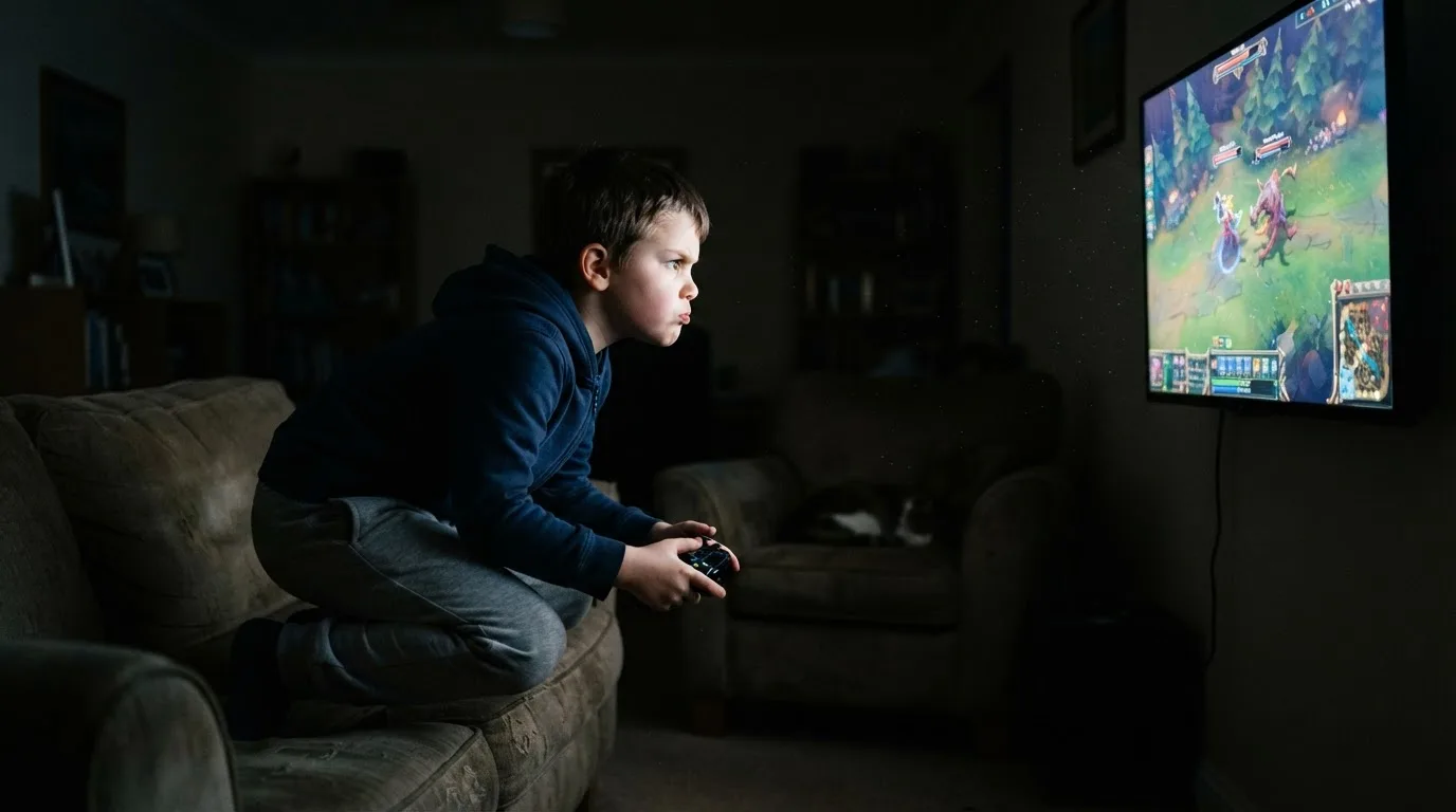 Criança com TDAH em hiperfoco jogando videogame, totalmente imersa na tela