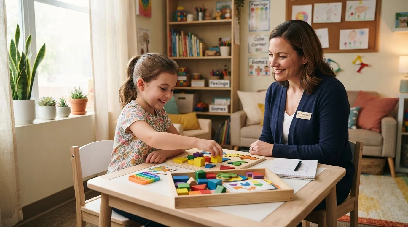 Educadora avaliando criança com TDAH com atenção e cuidado pedagógico — criança inteligente aprende TDAH