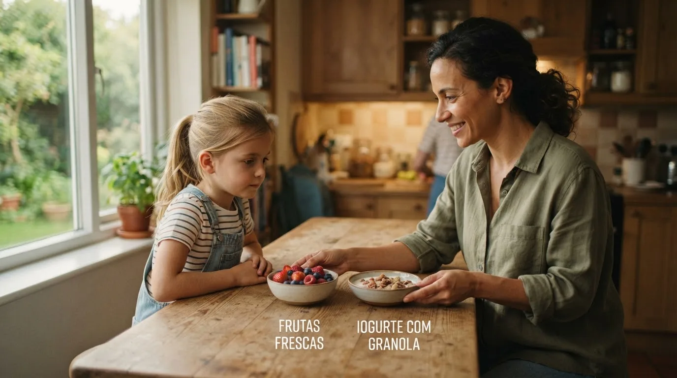 Mãe oferecendo escolha de alimentos para criança com TOD de forma calma e sem pressão — alimentação criança recusa refeição