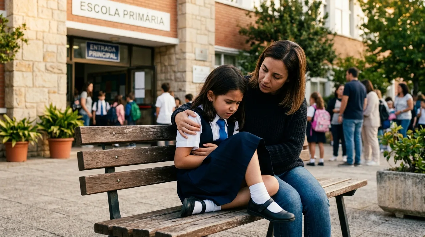 Criança com sintomas físicos de ansiedade escolar com dor de barriga antes de ir à escola