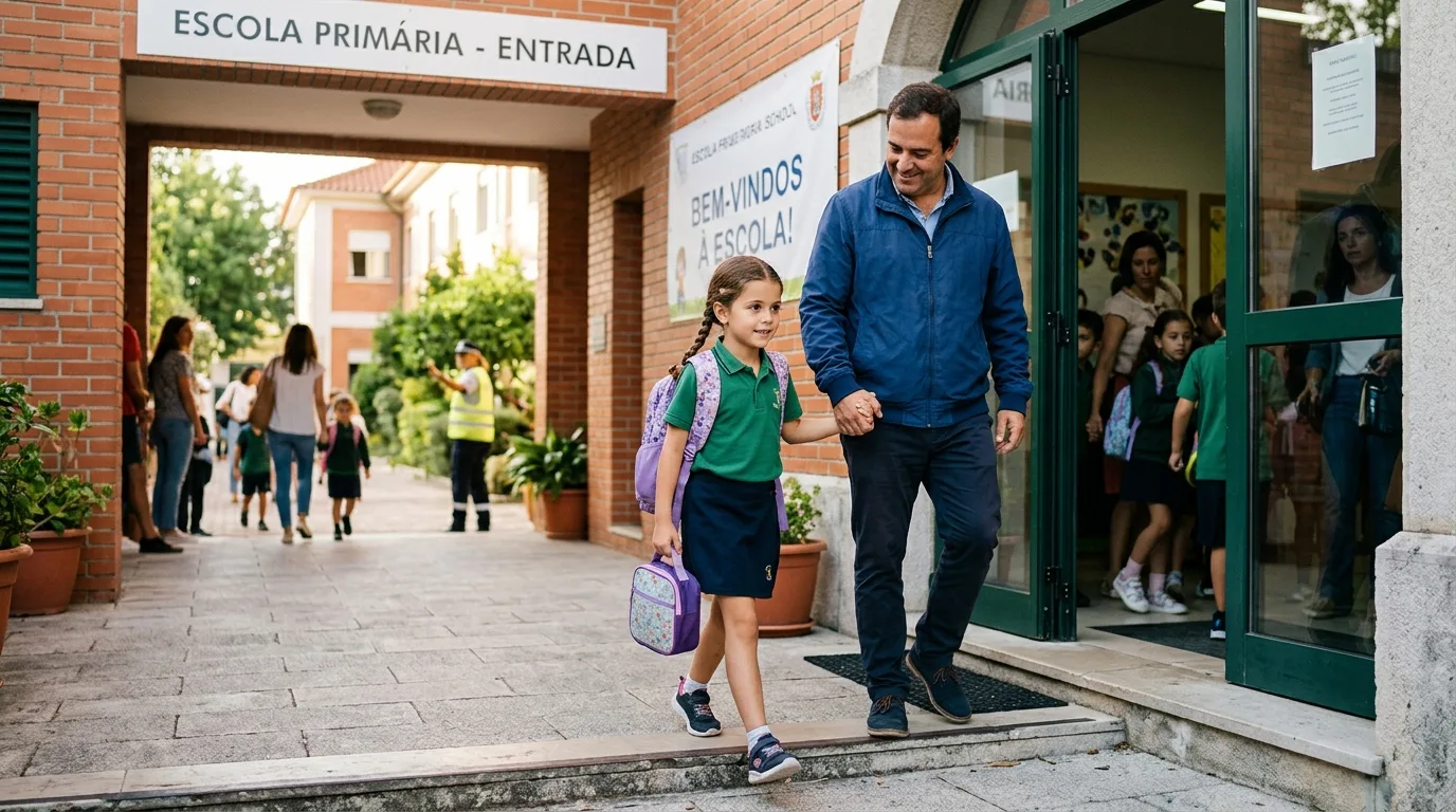 Criança com ansiedade escolar dando pequeno passo de volta à escola com apoio dos pais