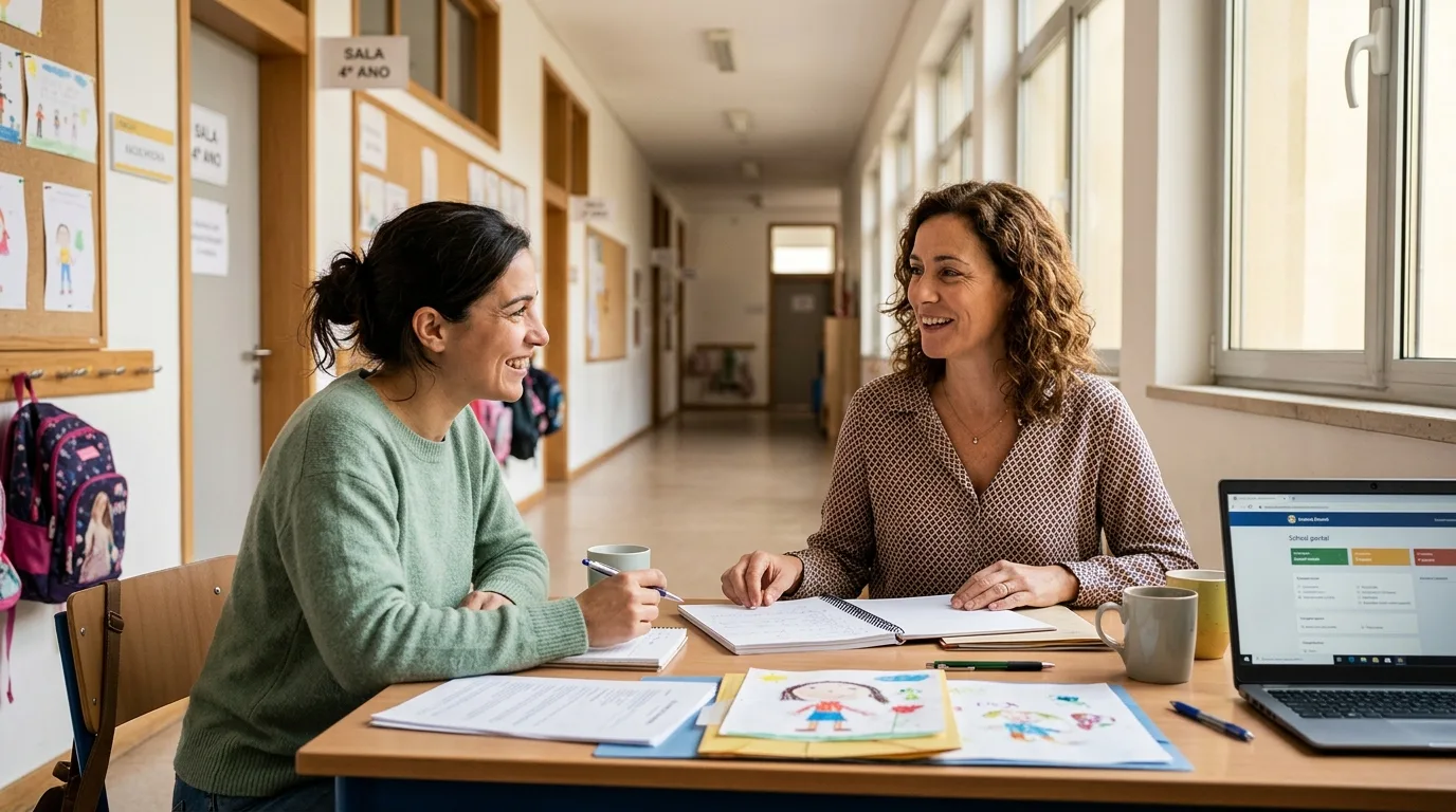 Mãe conversando com professora sobre dificuldades do filho com TDAH na escola em reunião colaborativa