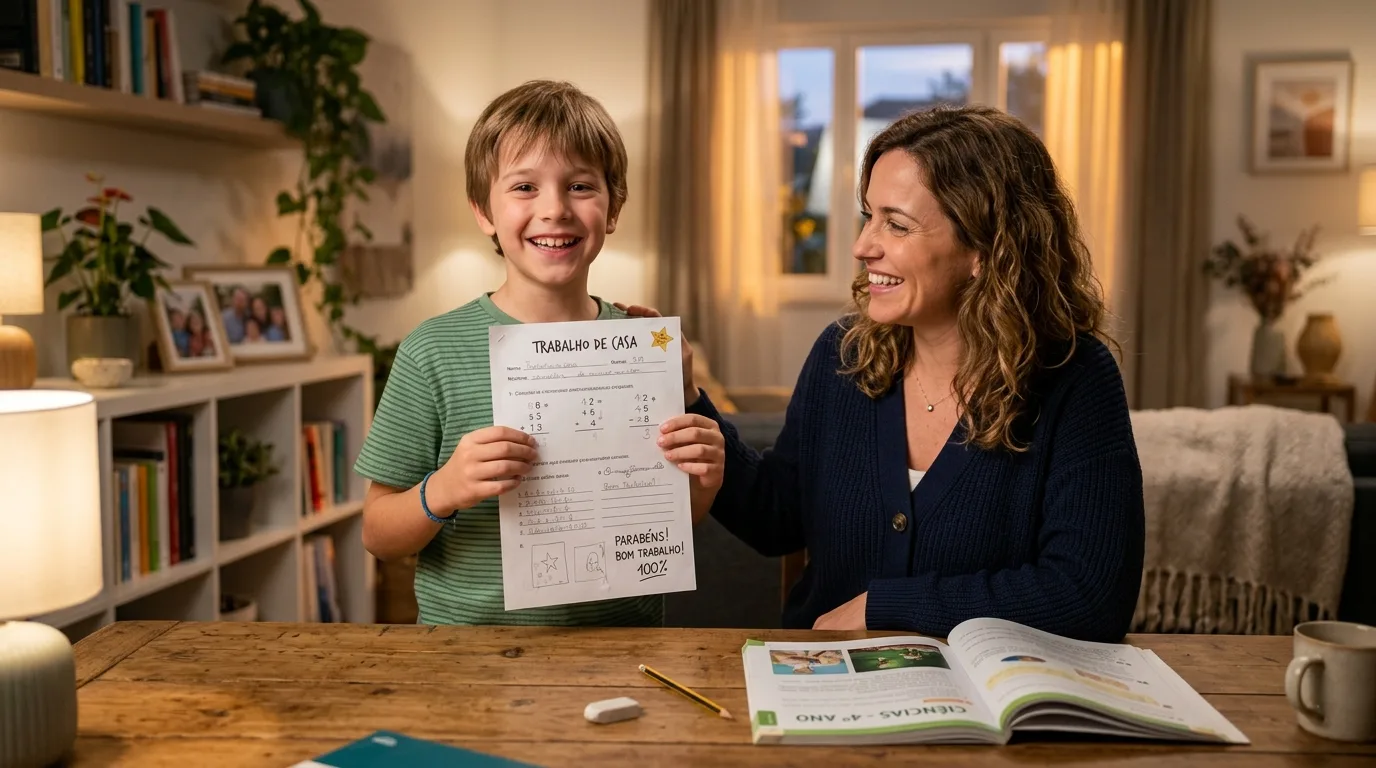 Criança com TDAH mostrando tarefa concluída para a mãe com sorriso de orgulho e conquista