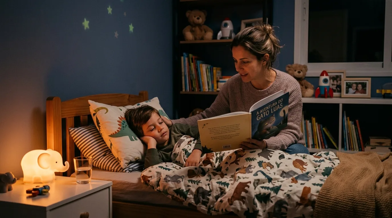 Mãe lendo história para filho com TDAH na hora de dormir em quarto aconchegante com luz noturna suave