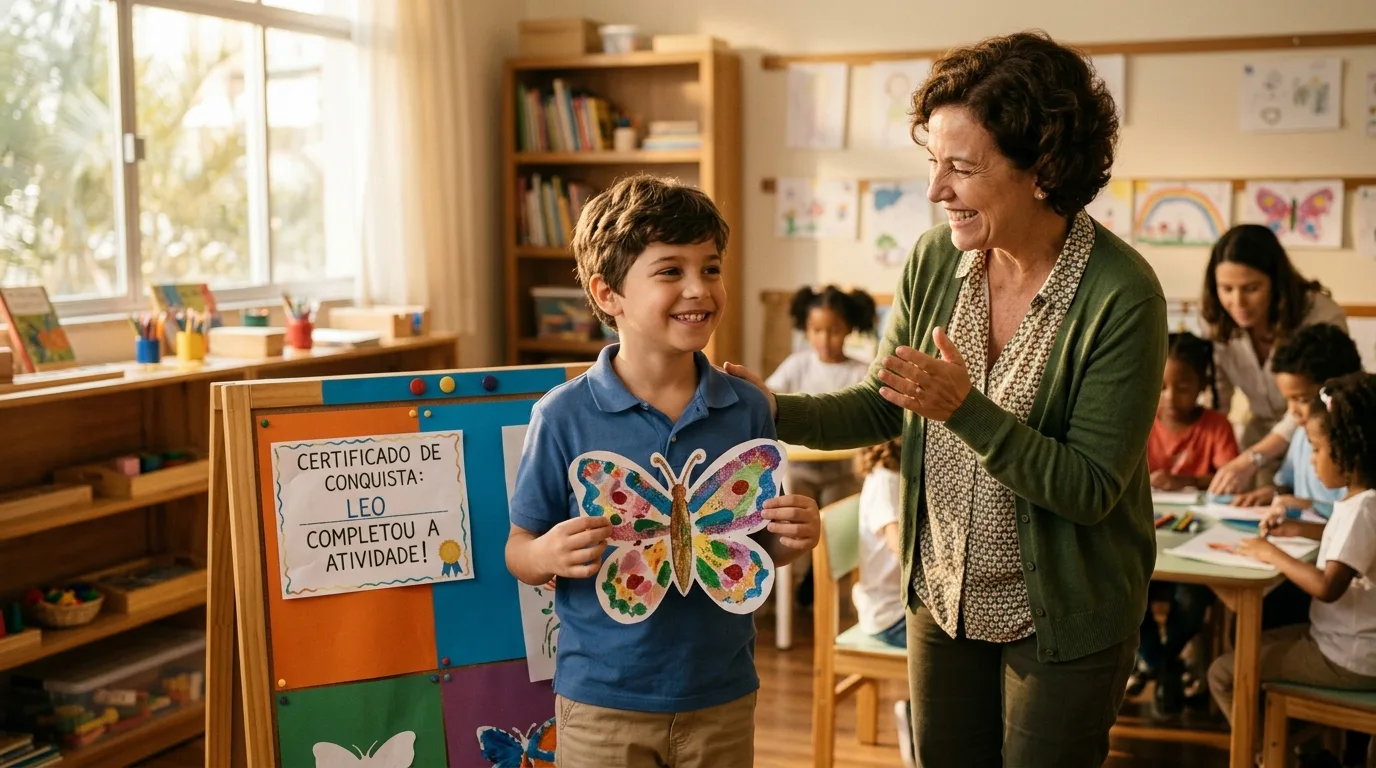 Criança com TEA sorrindo ao conseguir completar atividade na escola inclusiva com apoio de professora assistente