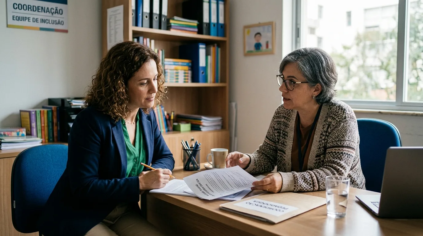 Mãe conversando com coordenadora escolar sobre direitos do filho com TEA em reunião formal na escola